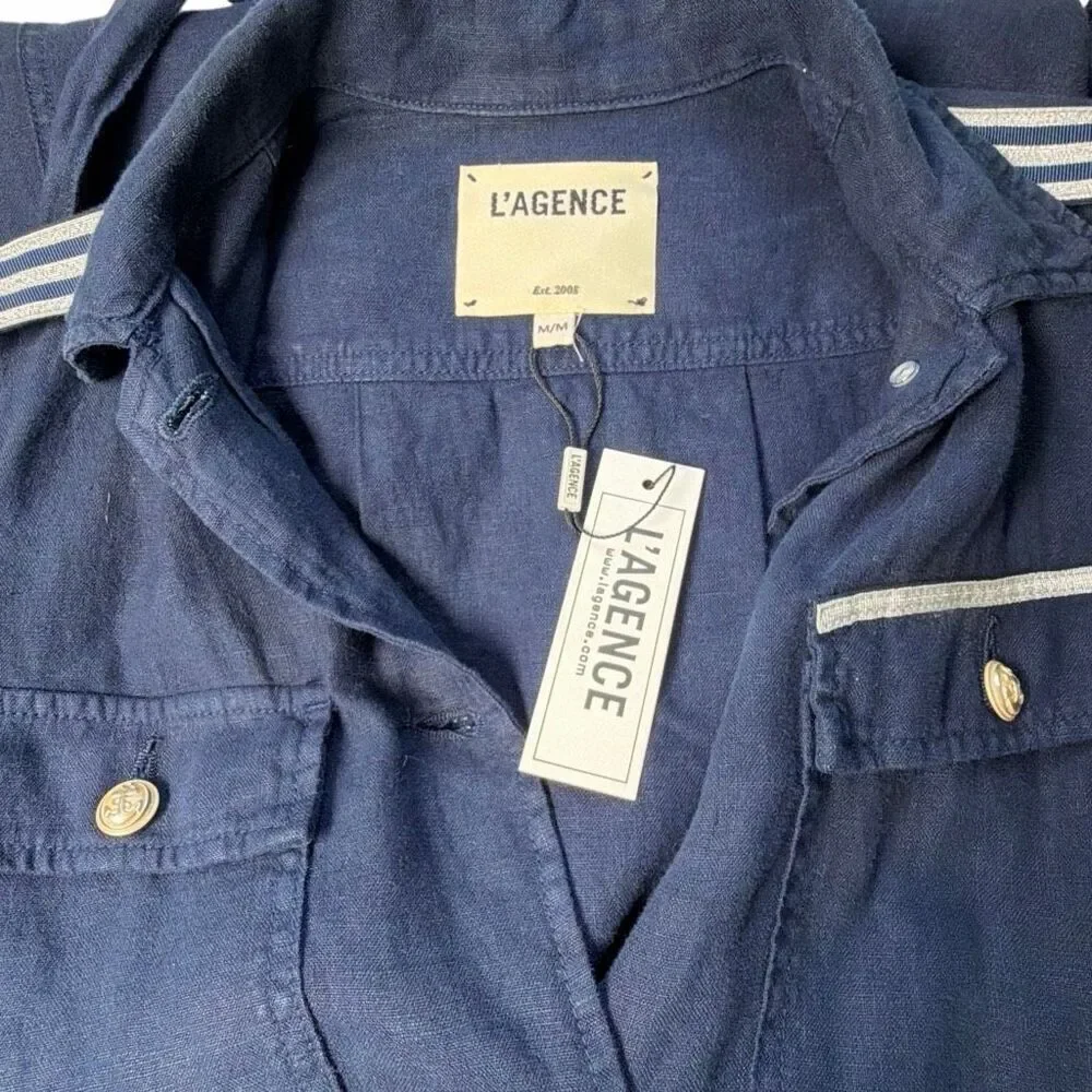 NWT L’AGENCE Kingsley Linen Shirt Dress Coat Navy Military Button Front Belted S